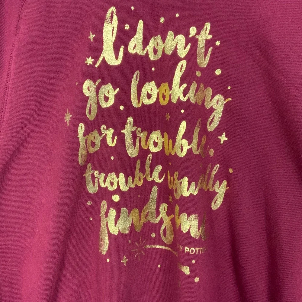Harry Potter gold metallic print Trouble Finds Me scoop neck soft sweatshirt - Picture 3 of 5